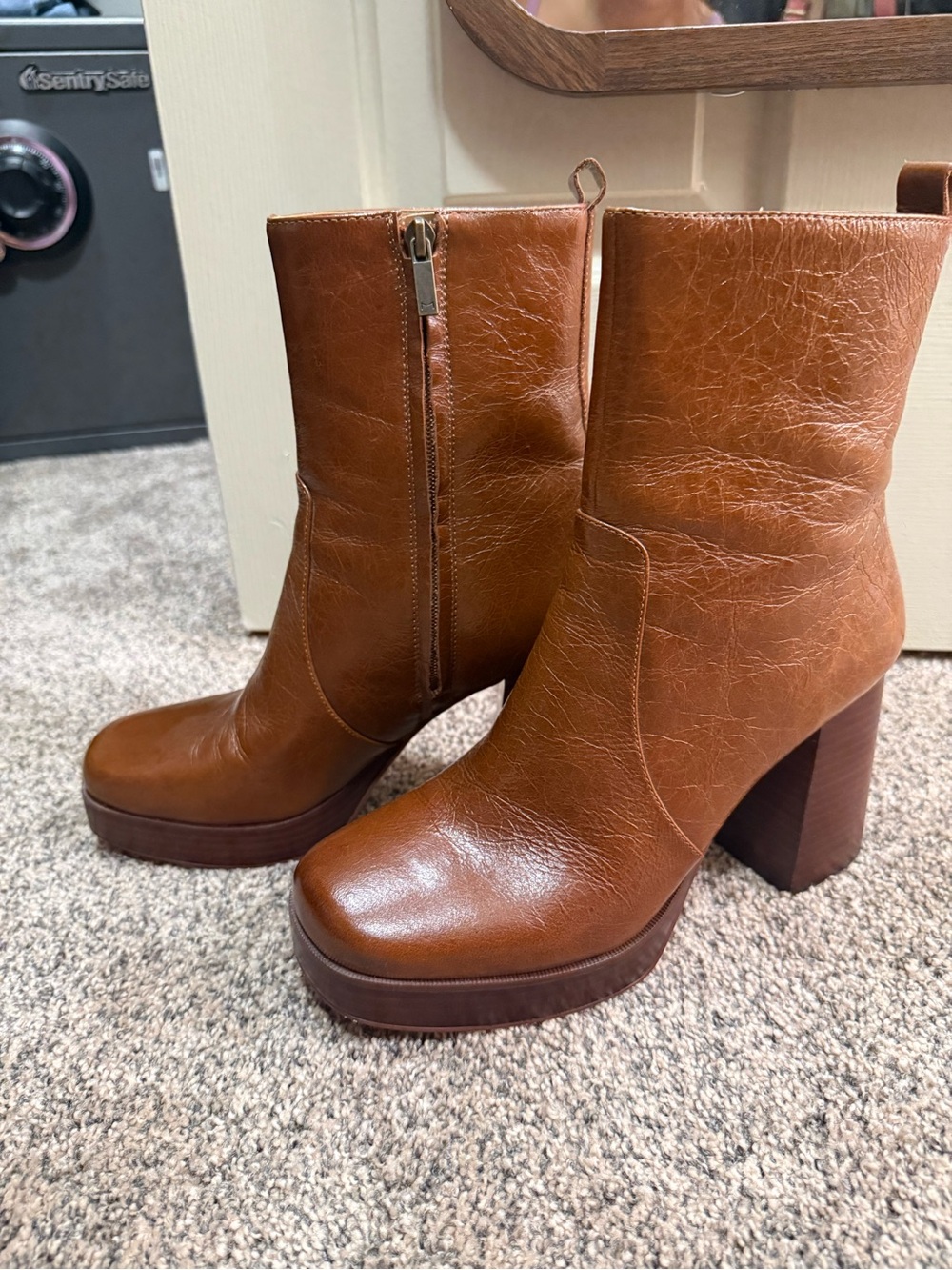 Marc Fisher Cognac Brown Platform Block Heel Ankle Boots